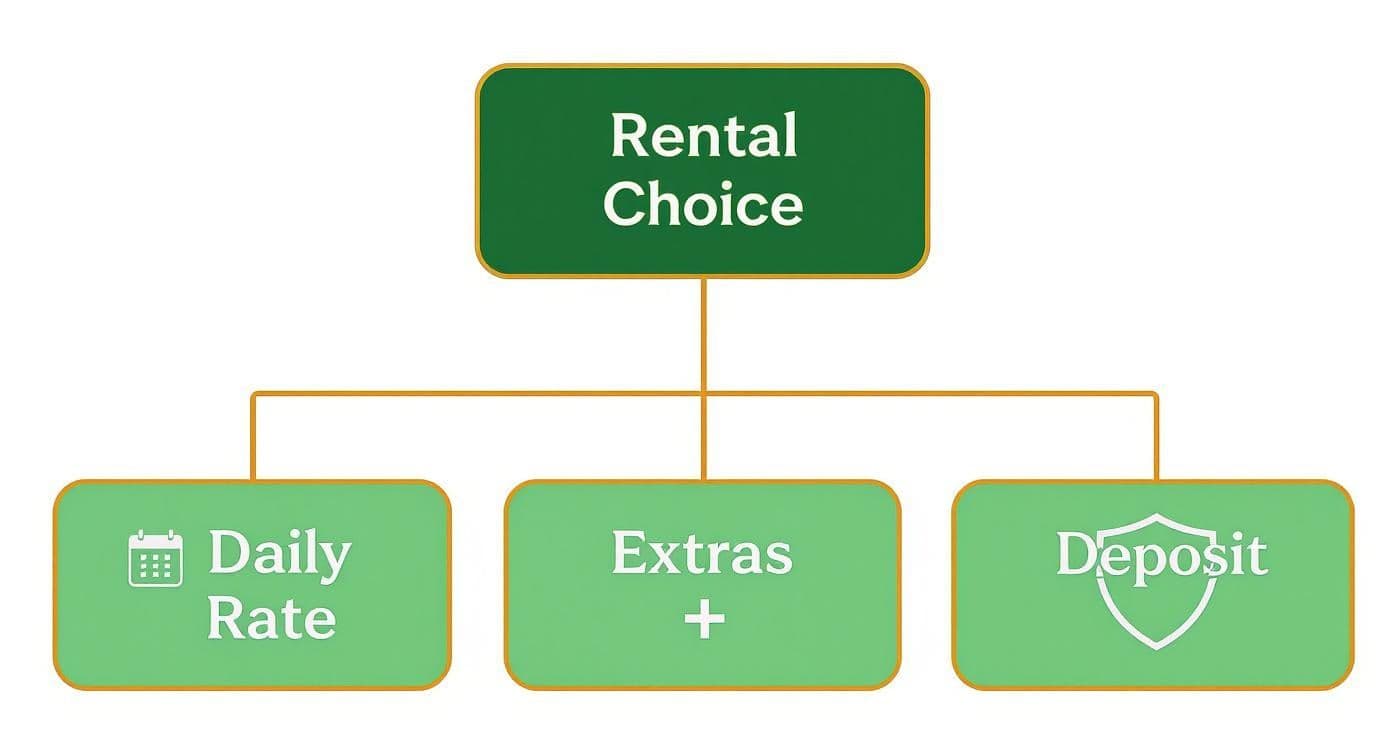 A flowchart illustrating rental choice factors: daily rate, extras, and deposit, with connections.