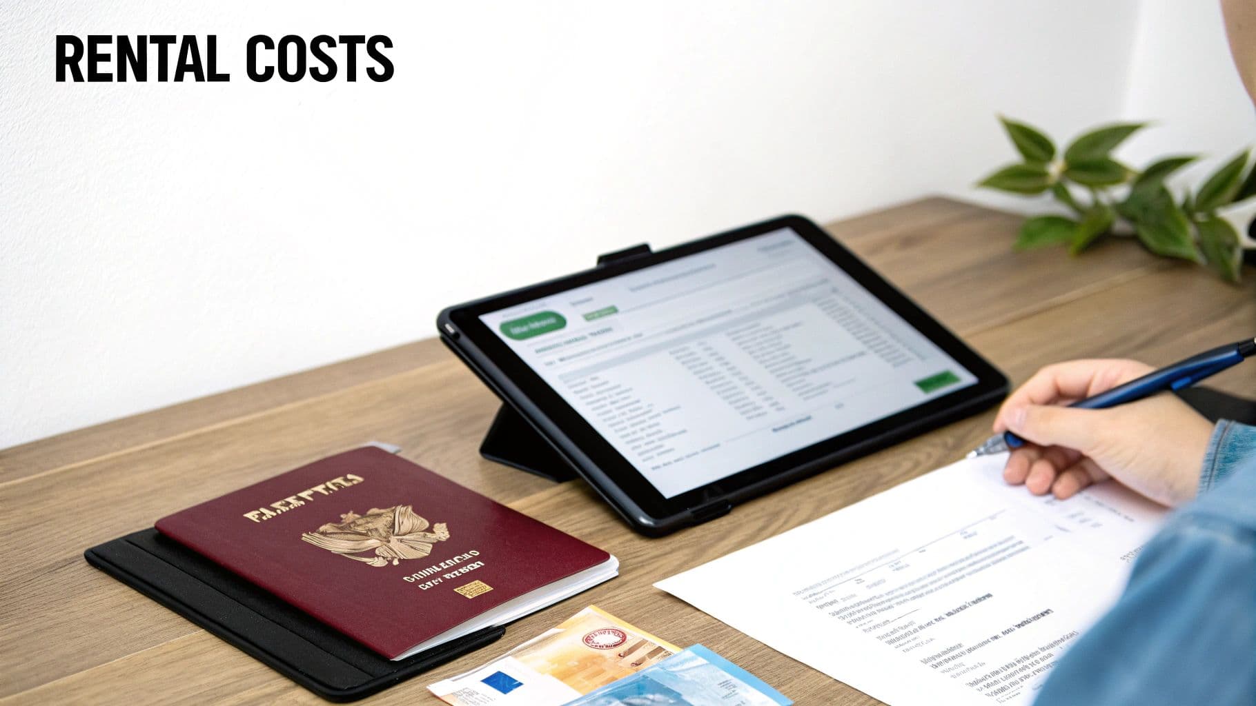 A person fills out paperwork at a desk with a tablet, passport, and euro banknotes, with 'RENTAL COSTS' text.