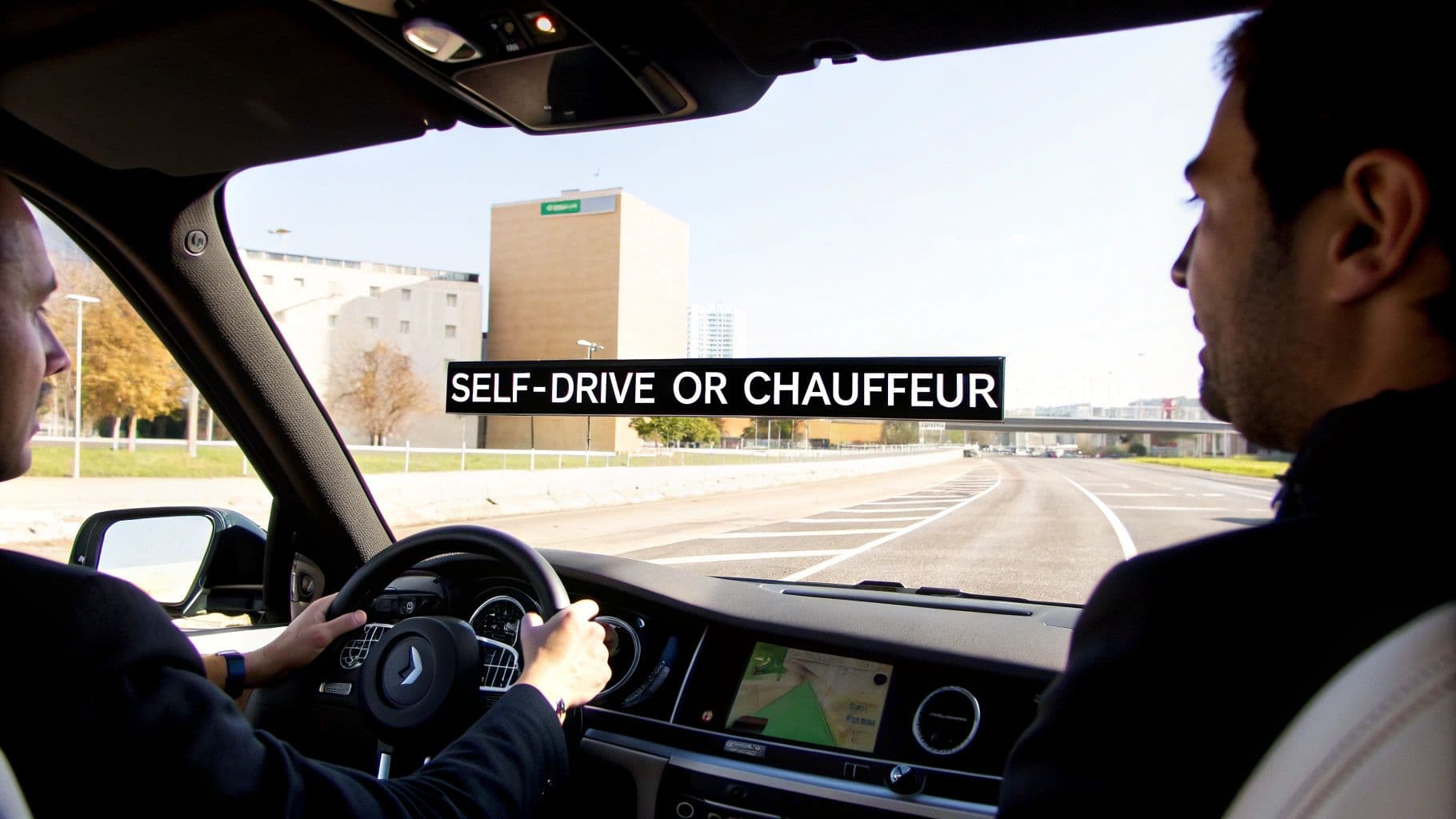 Two men inside a luxury car, one driving, with 'Self-Drive or Chauffeur' text overlaid.