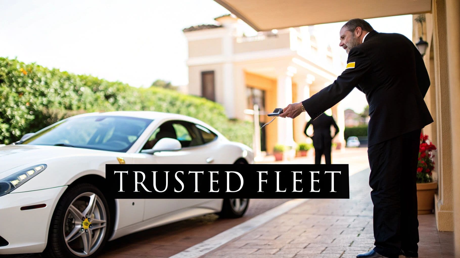 A valet in a black suit hands keys for a white Ferrari sports car at a luxury hotel.