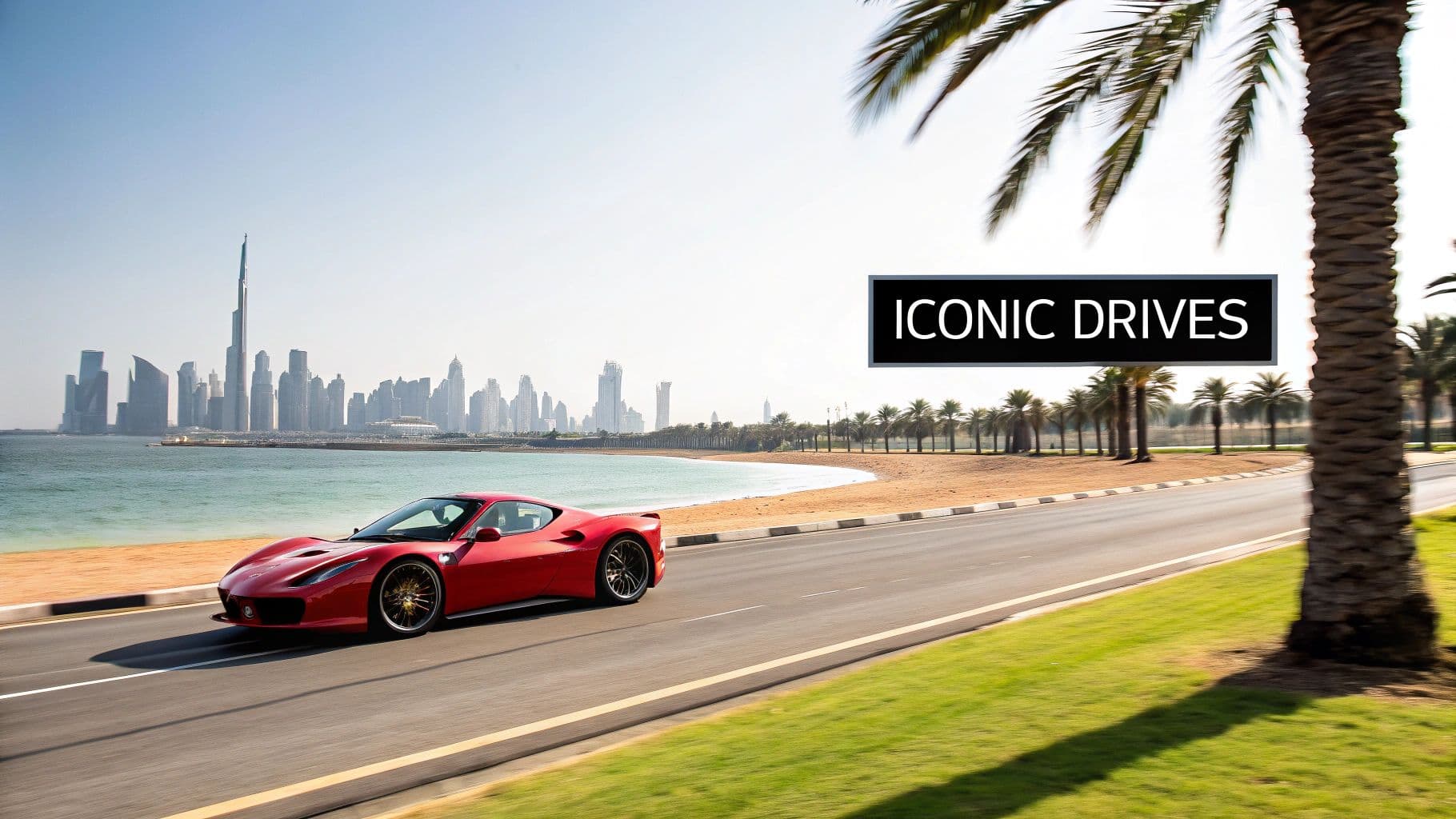 A red Ferrari drives along a scenic coastal road in Dubai, featuring a city skyline and palm trees.