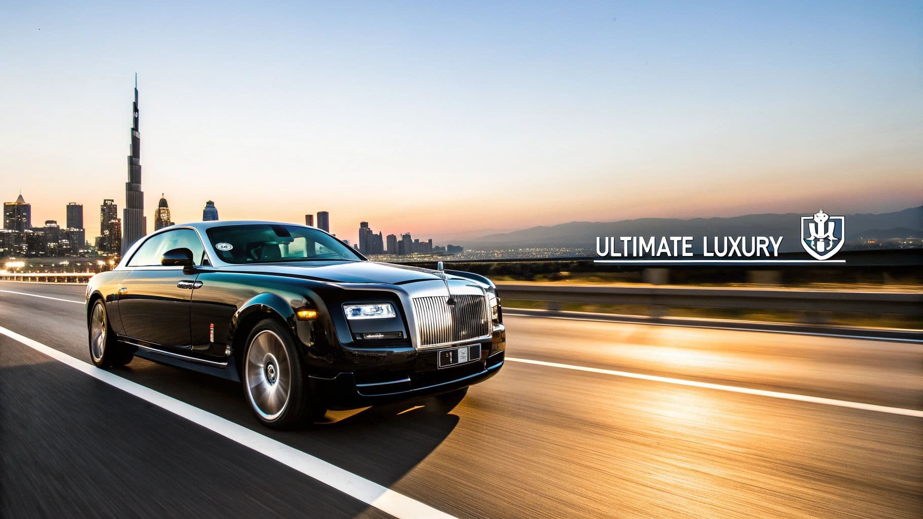 A sleek black Rolls-Royce car speeds down a highway with the iconic Dubai skyline at sunset.