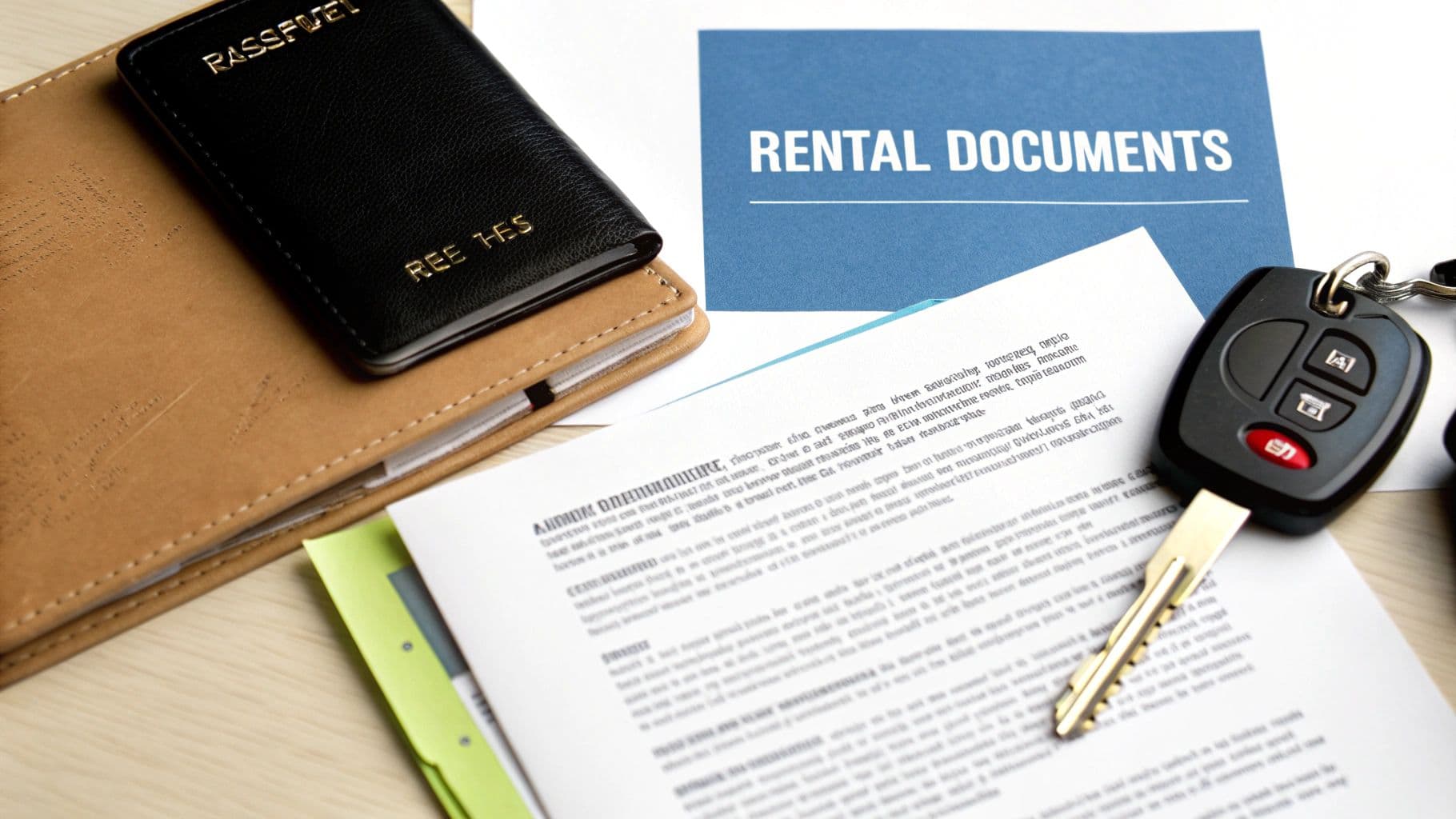 A car key, passport, and rental documents are neatly arranged on a table.