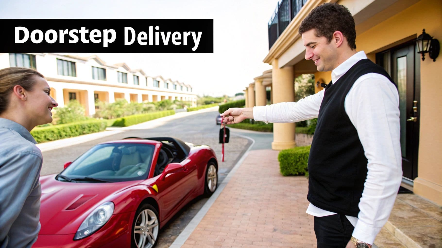 Smiling man delivering keys for a red Ferrari convertible to a woman at her residence.
