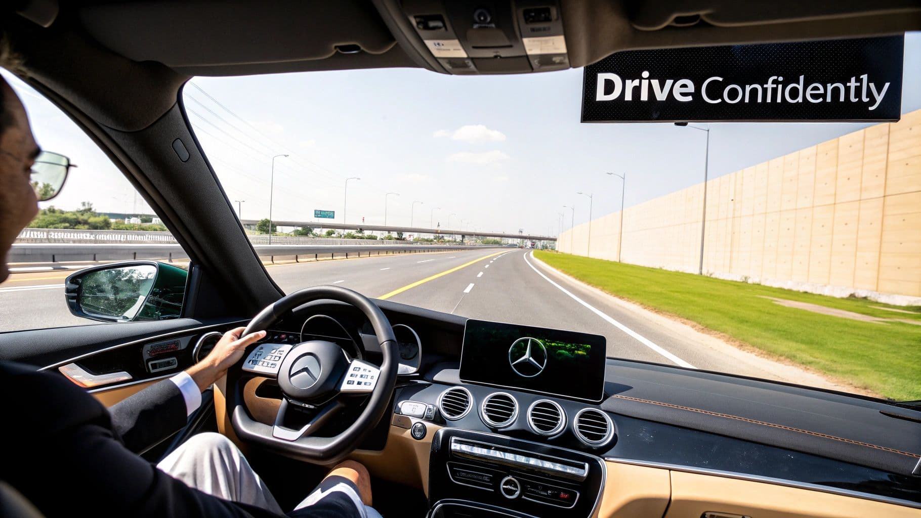 View from inside a Mercedes-Benz as a person drives on a highway, with "Drive Confidently" sign.