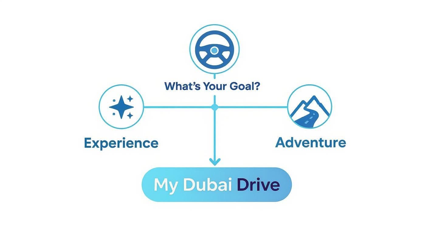 A diagram illustrating driving goals: Experience and Adventure, both leading to My Dubai Drive.