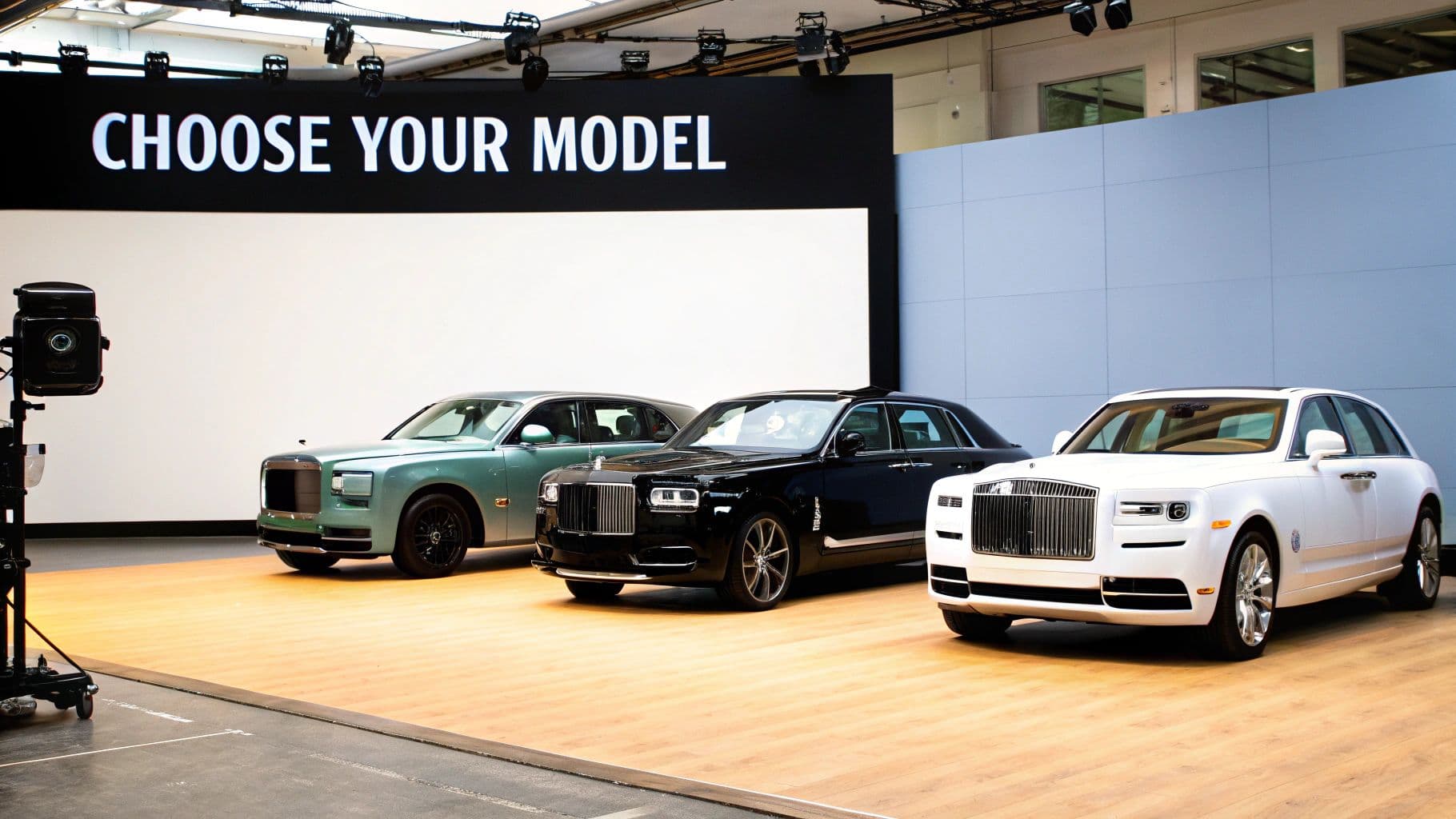 Three Rolls-Royce luxury cars, in green, black, and white, displayed under a 'CHOOSE YOUR MODEL' sign.