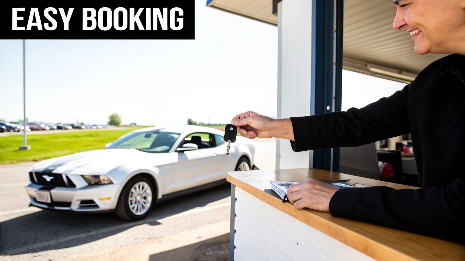 A person hands car keys over a counter for a white Ford Mustang, promoting easy booking.